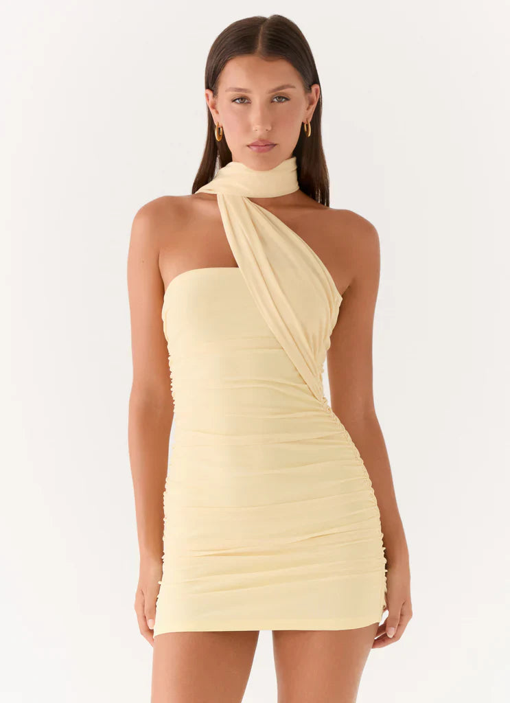 Pale Yellow One Shoulder Ruched Scarf Tie Mini Dress For Elegant Formal Party Events