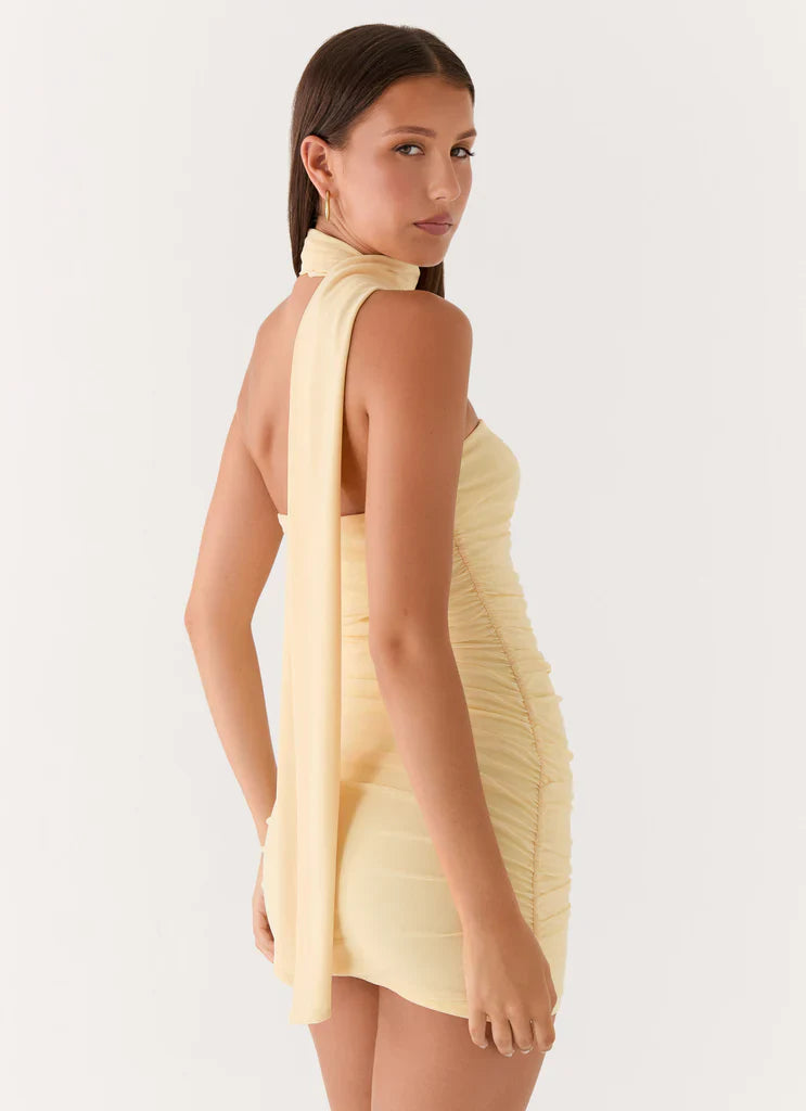 Pale Yellow One Shoulder Ruched Scarf Tie Mini Dress For Elegant Formal Party Events