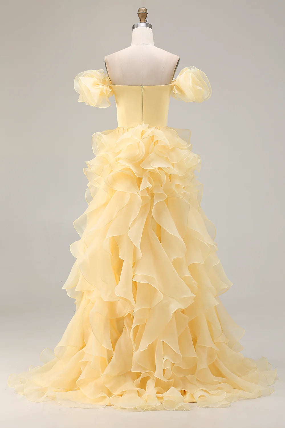 Pale Yellow Organza Ruffle Off-the-Shoulder Mermaid Maxi Evening Dresses