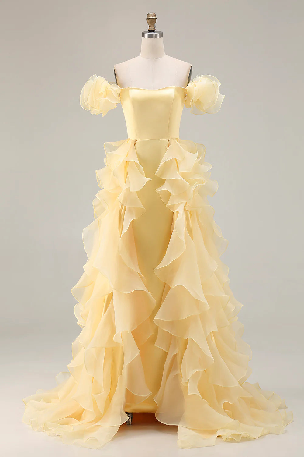 Pale Yellow Organza Ruffle Off-the-Shoulder Mermaid Maxi Evening Dresses