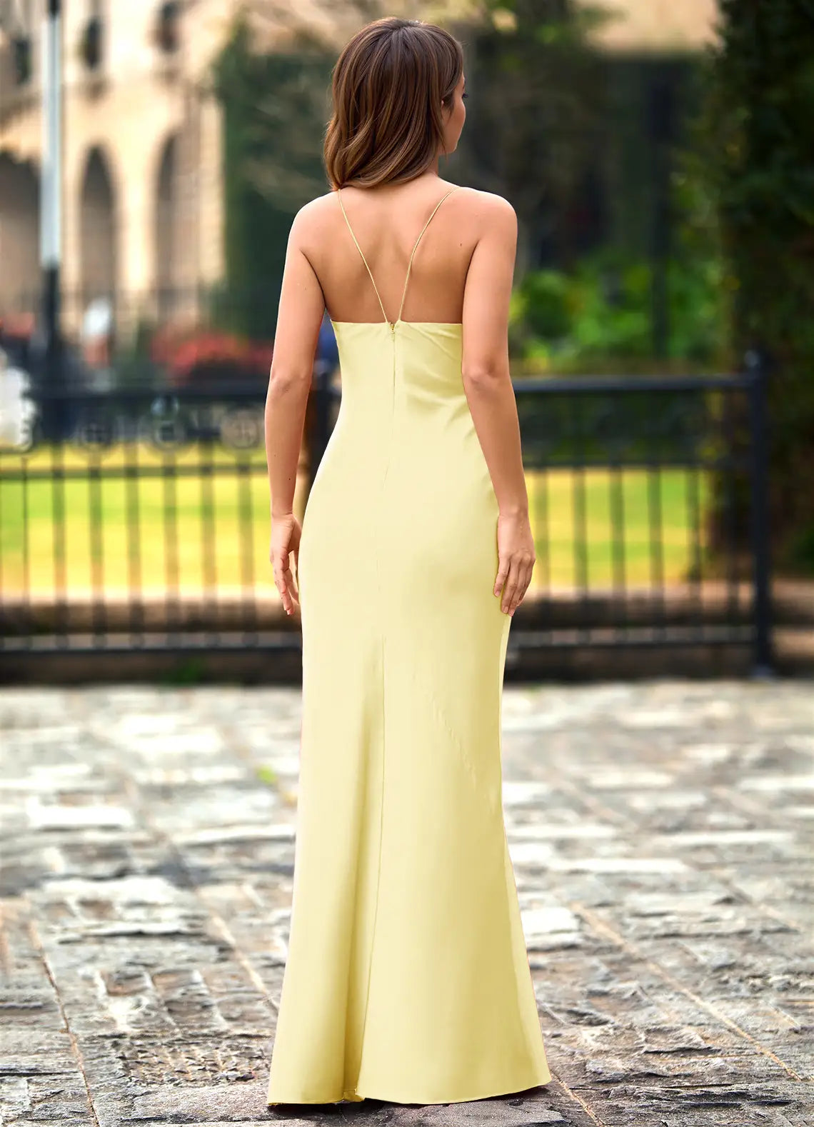 Pale Yellow Satin Spaghetti Strap Ruched High Slit Maxi Evening Dresses