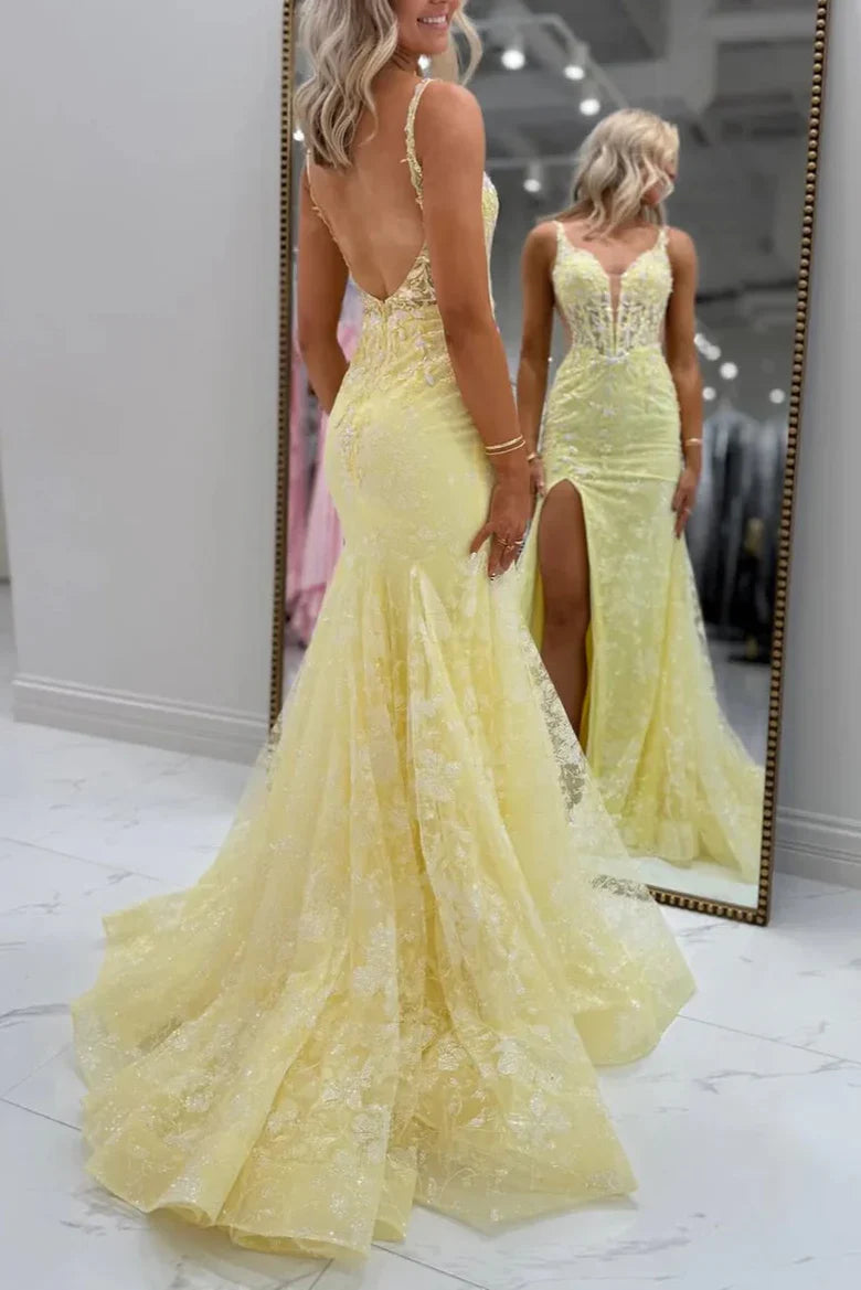 Pale Yellow Spaghetti Strap Lace Mermaid Prom Dress with Beaded Bodice and High Slit