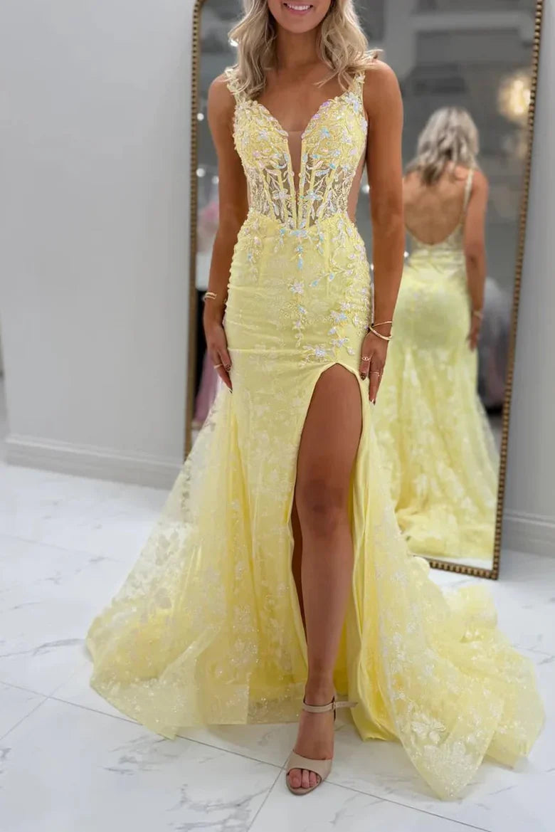 Pale Yellow Spaghetti Strap Lace Mermaid Prom Dress with Beaded Bodice and High Slit