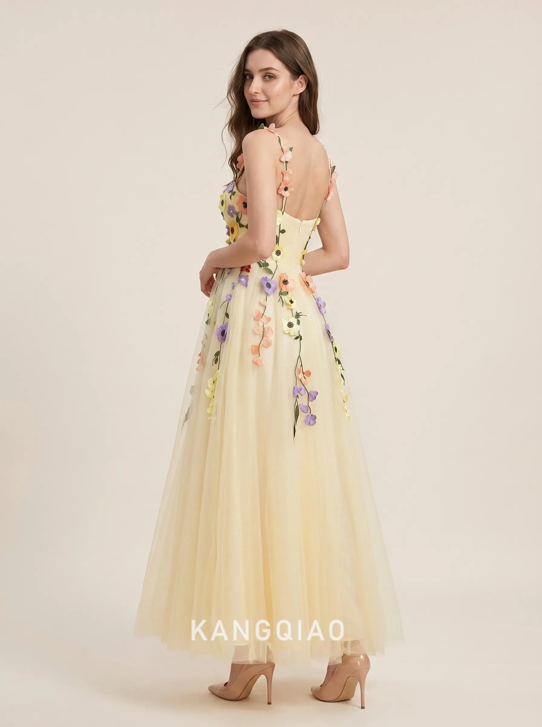 Pale Yellow Spaghetti Strap Sweetheart Neck Multicolor 3D Floral Applique Tulle A Line Floor Length Formal Evening Prom Dress