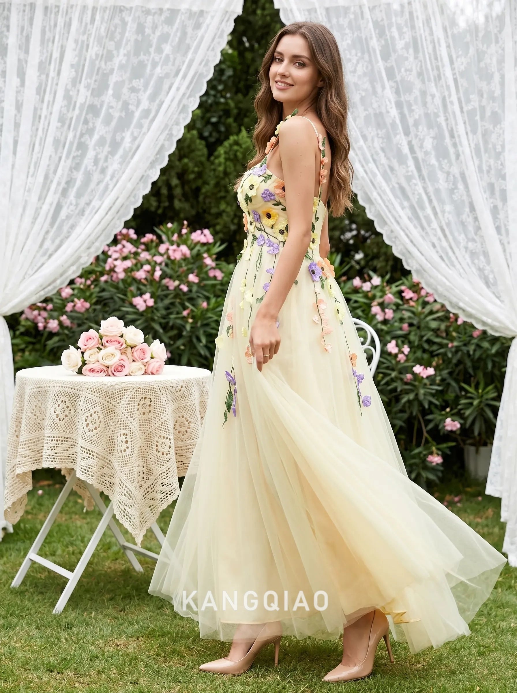 Pale Yellow Spaghetti Strap Sweetheart Neck Multicolor 3D Floral Applique Tulle A Line Floor Length Formal Evening Prom Dress