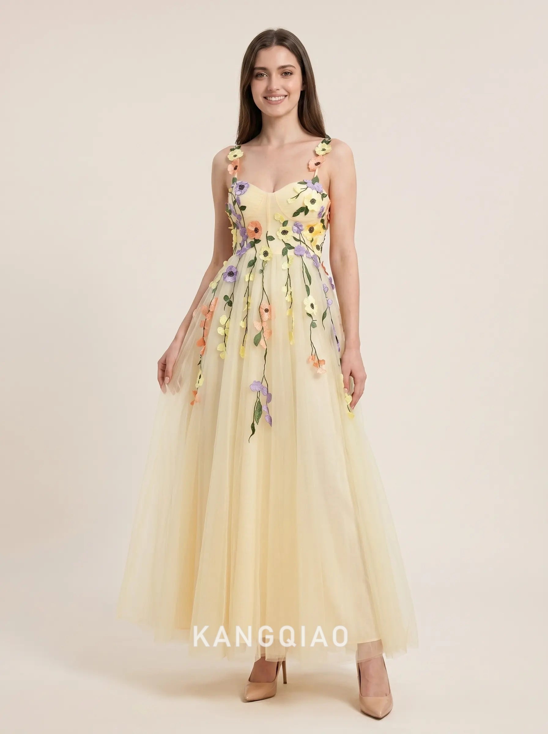 Pale Yellow Spaghetti Strap Sweetheart Neck Multicolor 3D Floral Applique Tulle A Line Floor Length Formal Evening Prom Dress