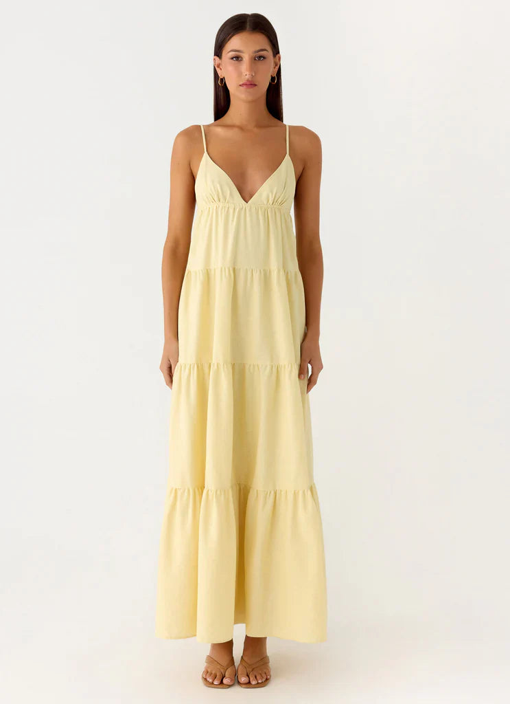 Pale Yellow Spaghetti Strap Tiered Maxi Sundress For Elegant Casual Summer Events