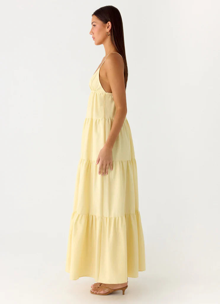 Pale Yellow Spaghetti Strap Tiered Maxi Sundress For Elegant Casual Summer Events