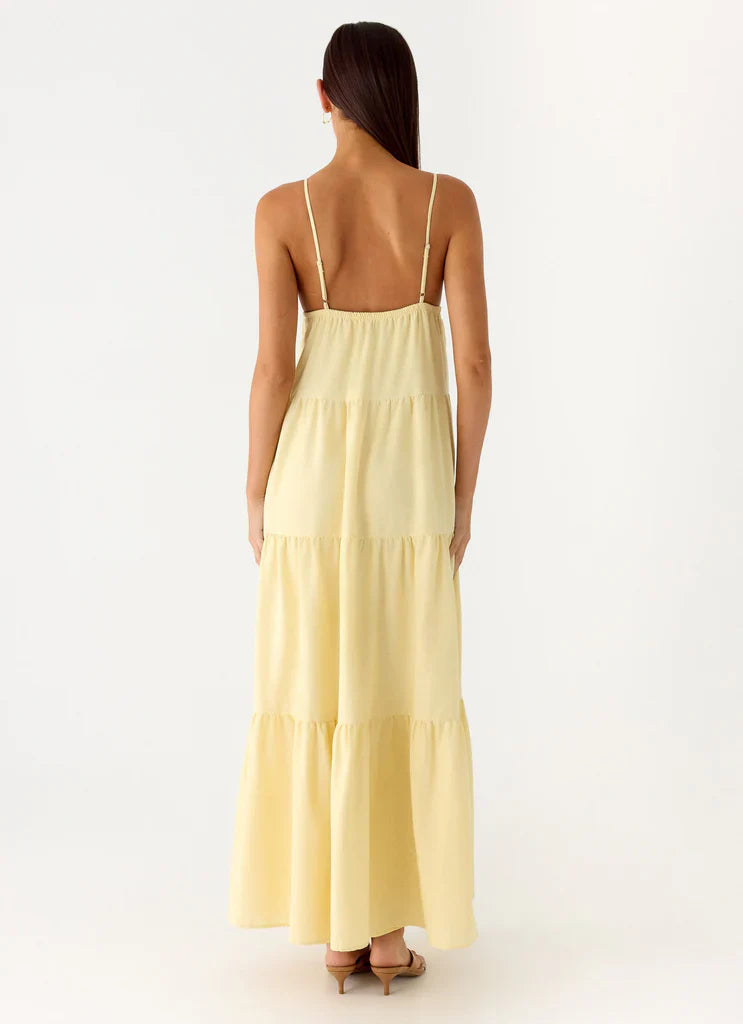 Pale Yellow Spaghetti Strap Tiered Maxi Sundress For Elegant Casual Summer Events
