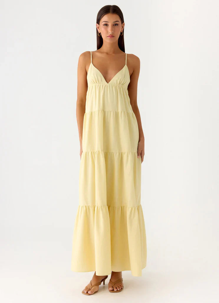 Pale Yellow Spaghetti Strap Tiered Maxi Sundress For Elegant Casual Summer Events