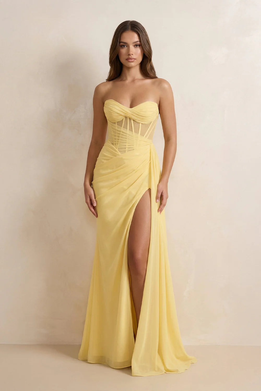 Pale Yellow Strapless Corset Mermaid Evening Dresses