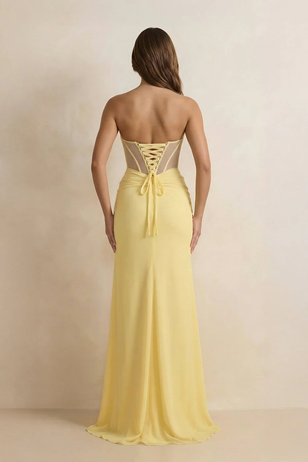 Pale Yellow Strapless Corset Mermaid Evening Dresses