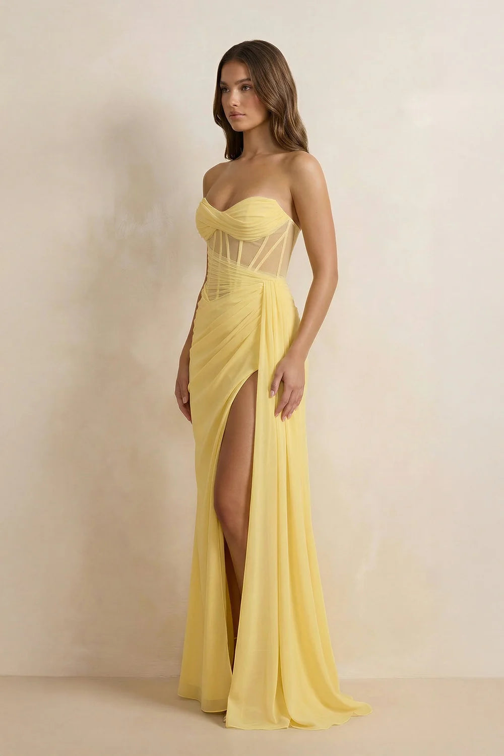 Pale Yellow Strapless Corset Mermaid Evening Dresses