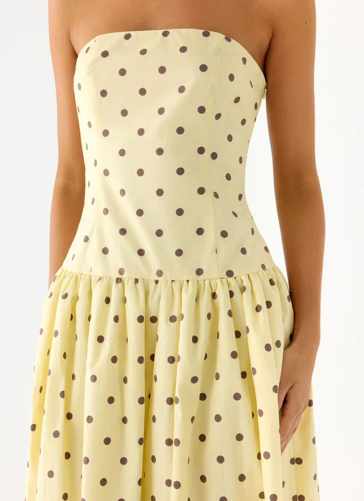 Pale Yellow Strapless Polka Dot Flared Maxi Dress For Elegant Casual Party Events