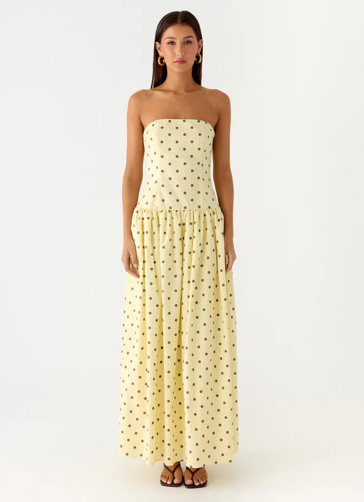 Pale Yellow Strapless Polka Dot Flared Maxi Dress For Elegant Casual Party Events