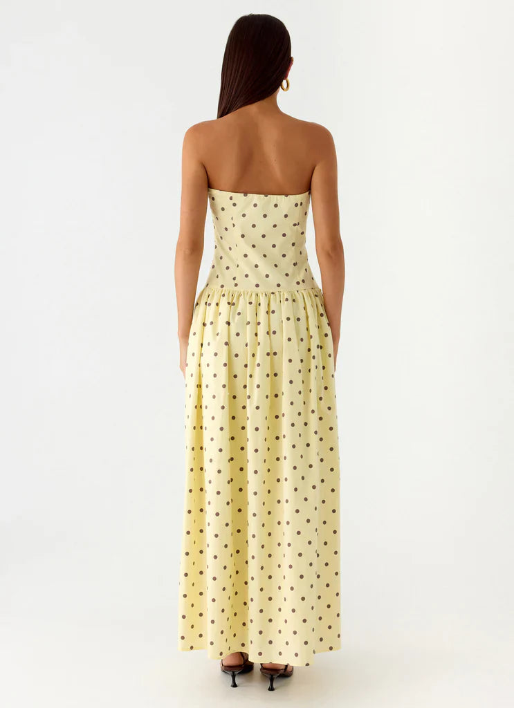 Pale Yellow Strapless Polka Dot Flared Maxi Dress For Elegant Casual Party Events