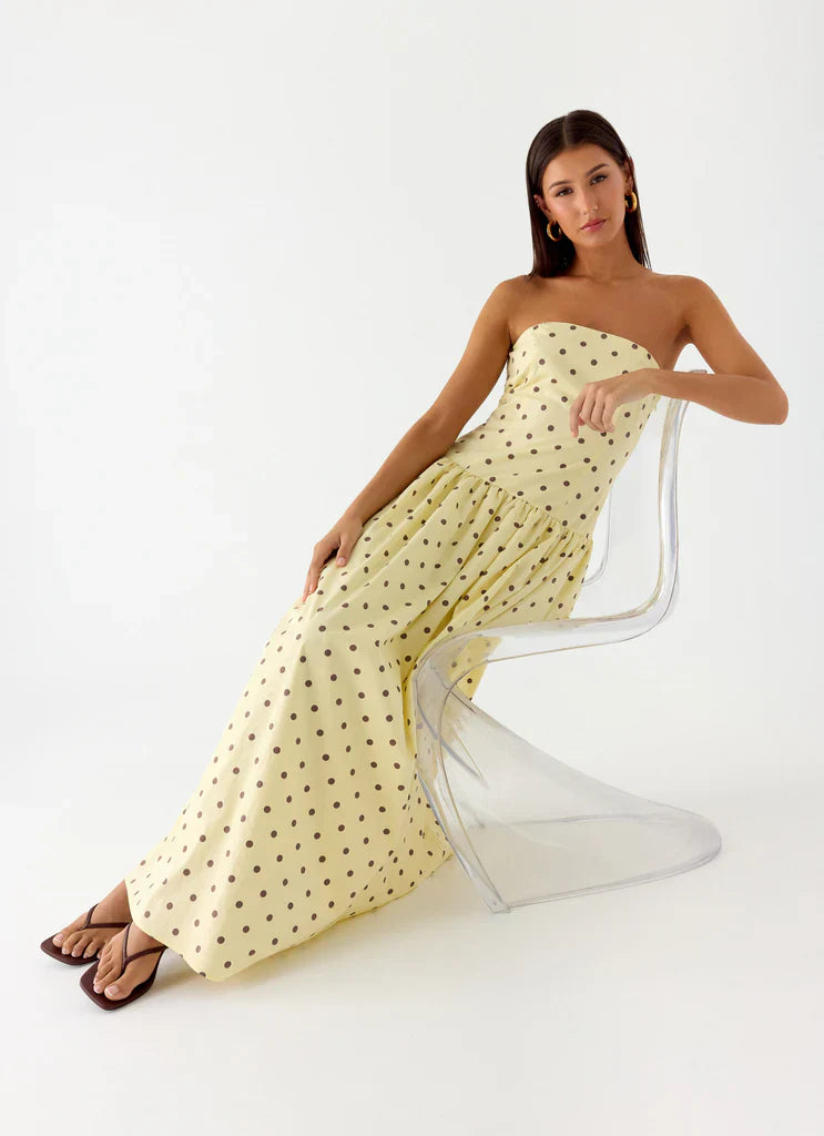 Pale Yellow Strapless Polka Dot Flared Maxi Dress For Elegant Casual Party Events