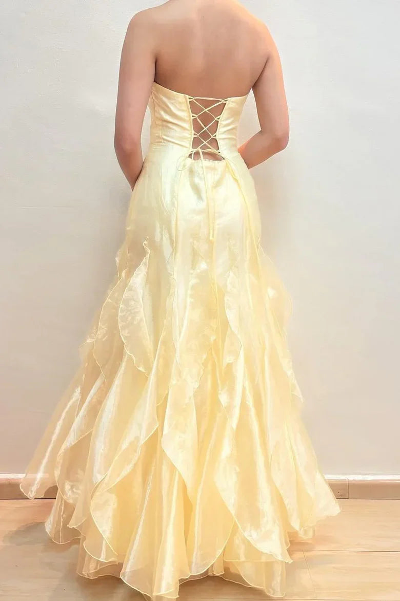 Pale Yellow Strapless Ruffle Mermaid Maxi Dress with Lace-Up Back