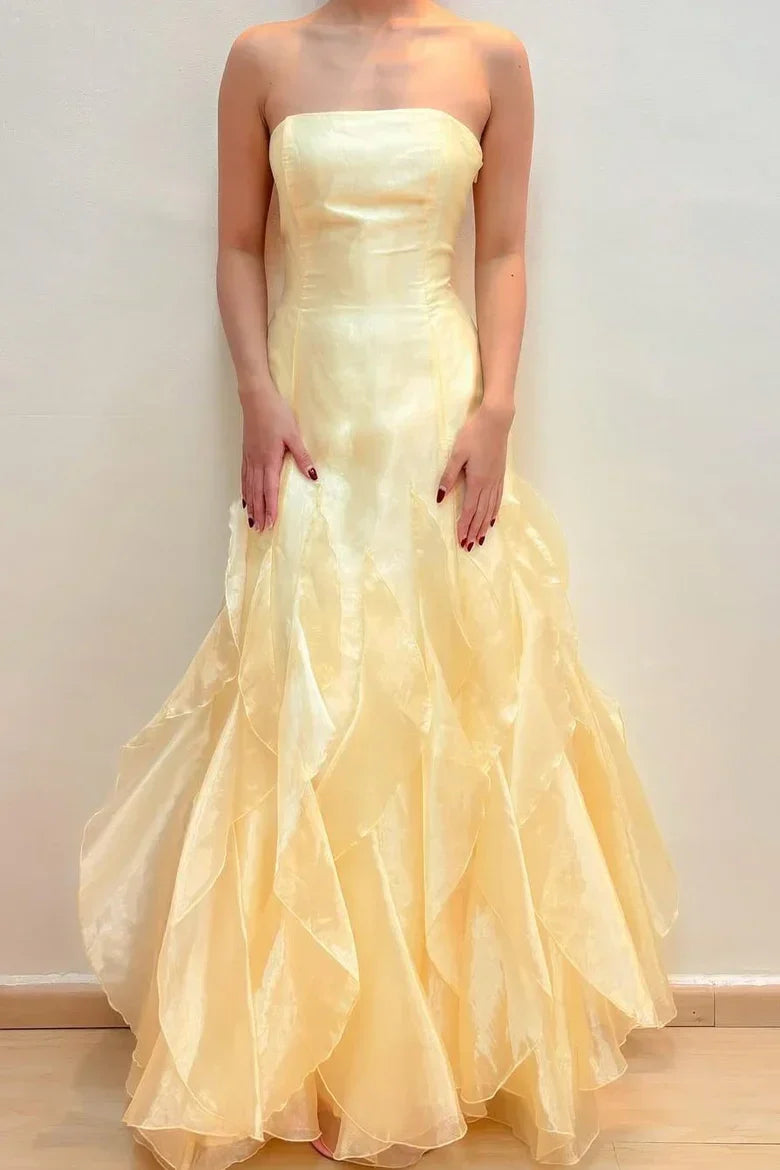 Pale Yellow Strapless Ruffle Mermaid Maxi Dress with Lace-Up Back