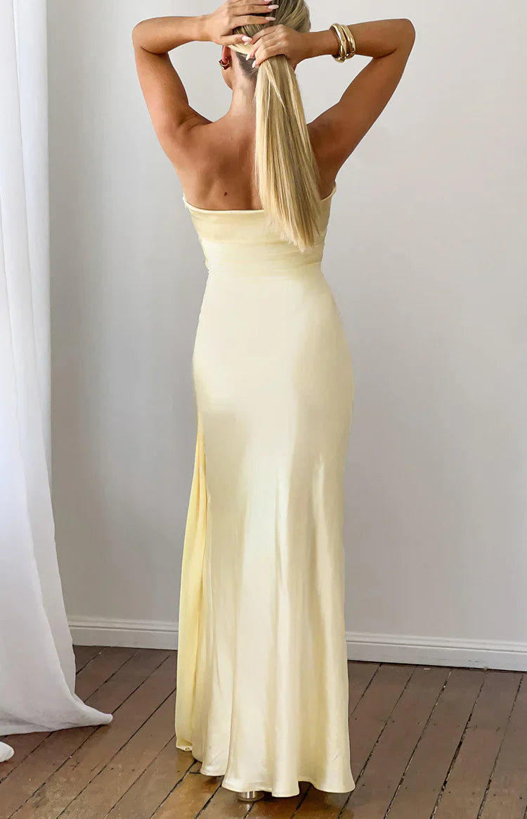Pale Yellow Strapless Satin High Slit Evening Dresses