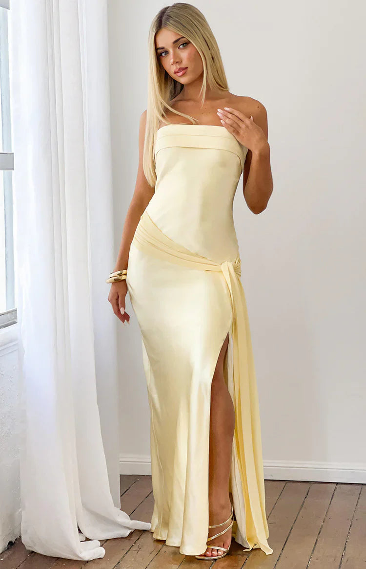Pale Yellow Strapless Satin High Slit Evening Dresses