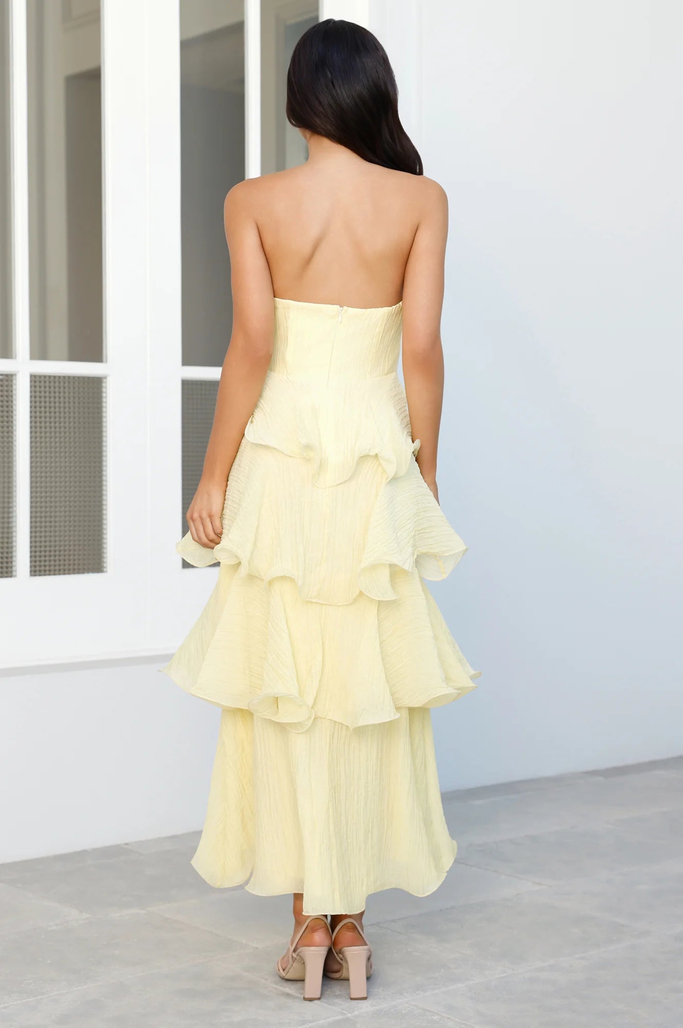 Pale Yellow Strapless Tiered Ruffle Midi Evening Dresses