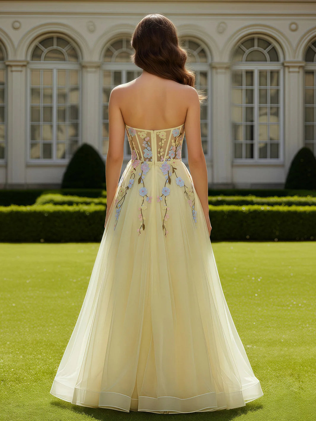 Pale Yellow Tulle Floral Embroidery Strapless A-Line Evening Dresses