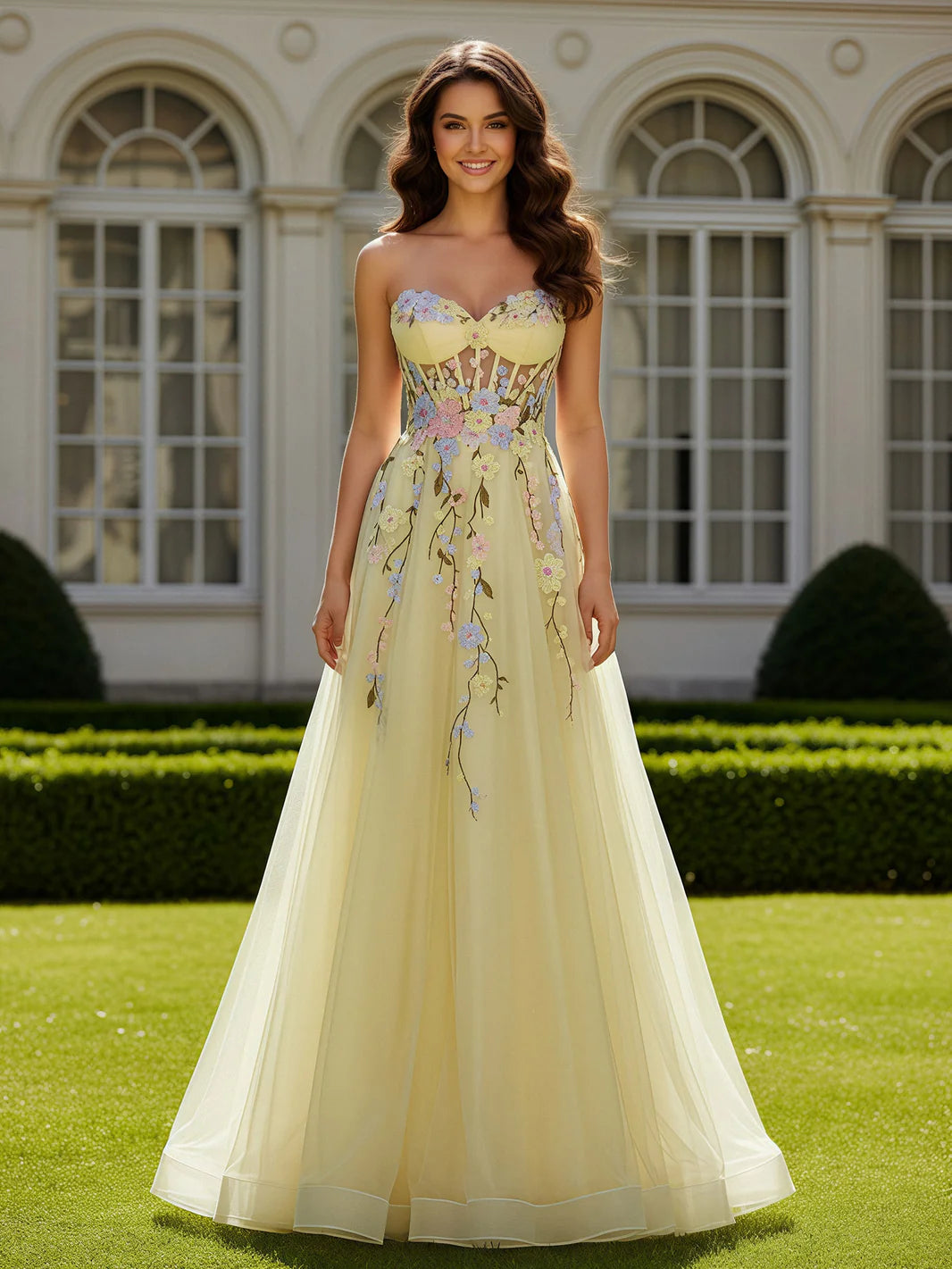 Pale Yellow Tulle Floral Embroidery Strapless A-Line Evening Dresses
