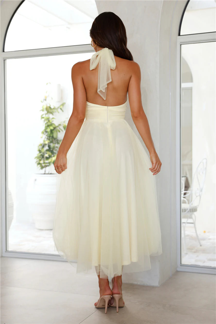 Pale Yellow Tulle Halter Neck Open Back Tie Midi Evening Dresses