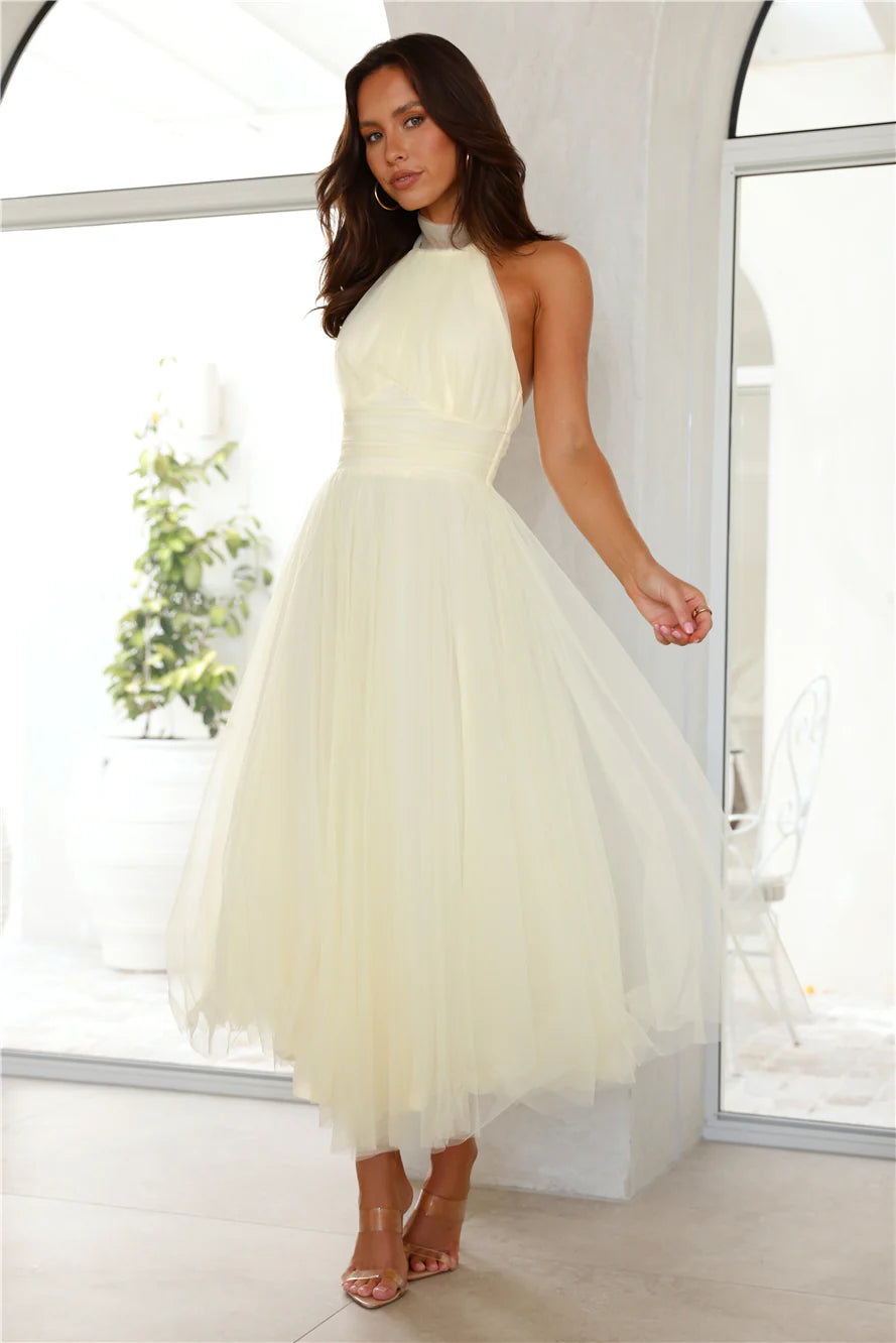 Pale Yellow Tulle Halter Neck Open Back Tie Midi Evening Dresses