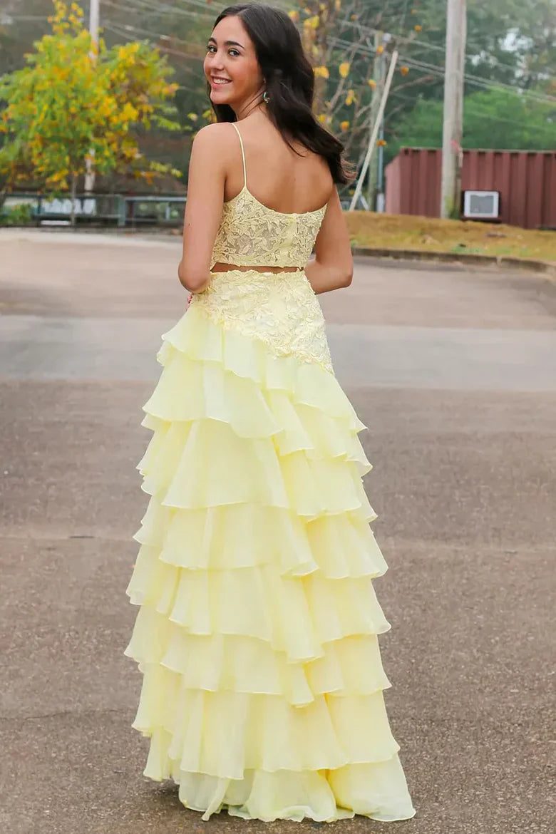 Pale Yellow Two-Piece Lace Bodice Tiered Ruffle Maxi Dress with Side Slit