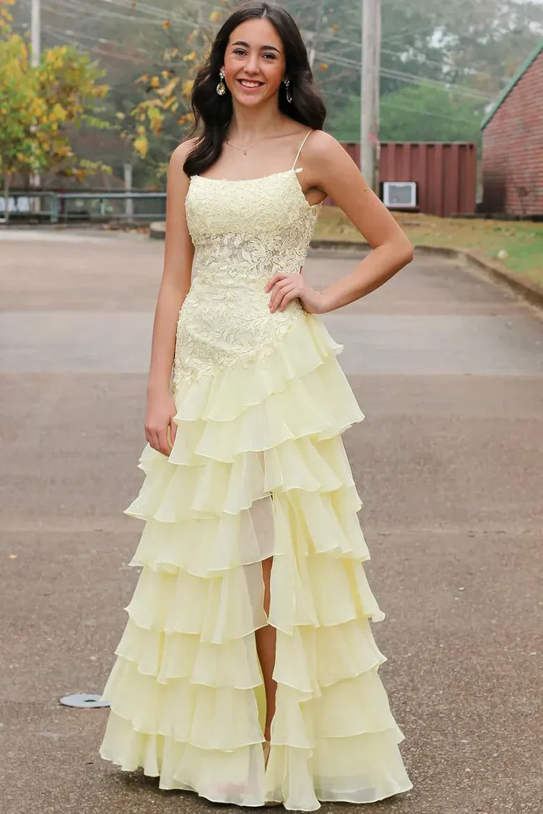 Pale Yellow Two-Piece Lace Bodice Tiered Ruffle Maxi Dress with Side Slit