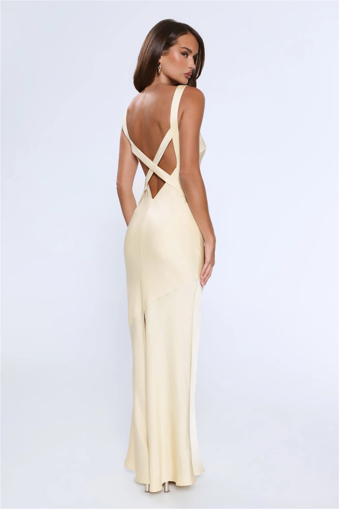 Pale Yellow V-Neck Satin with Crisscross Back Evening Dress