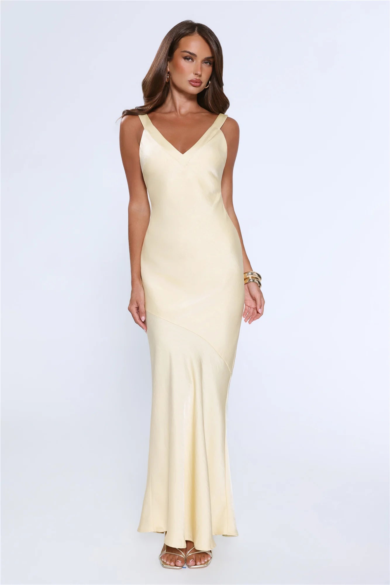 Pale Yellow V-Neck Satin with Crisscross Back Evening Dress