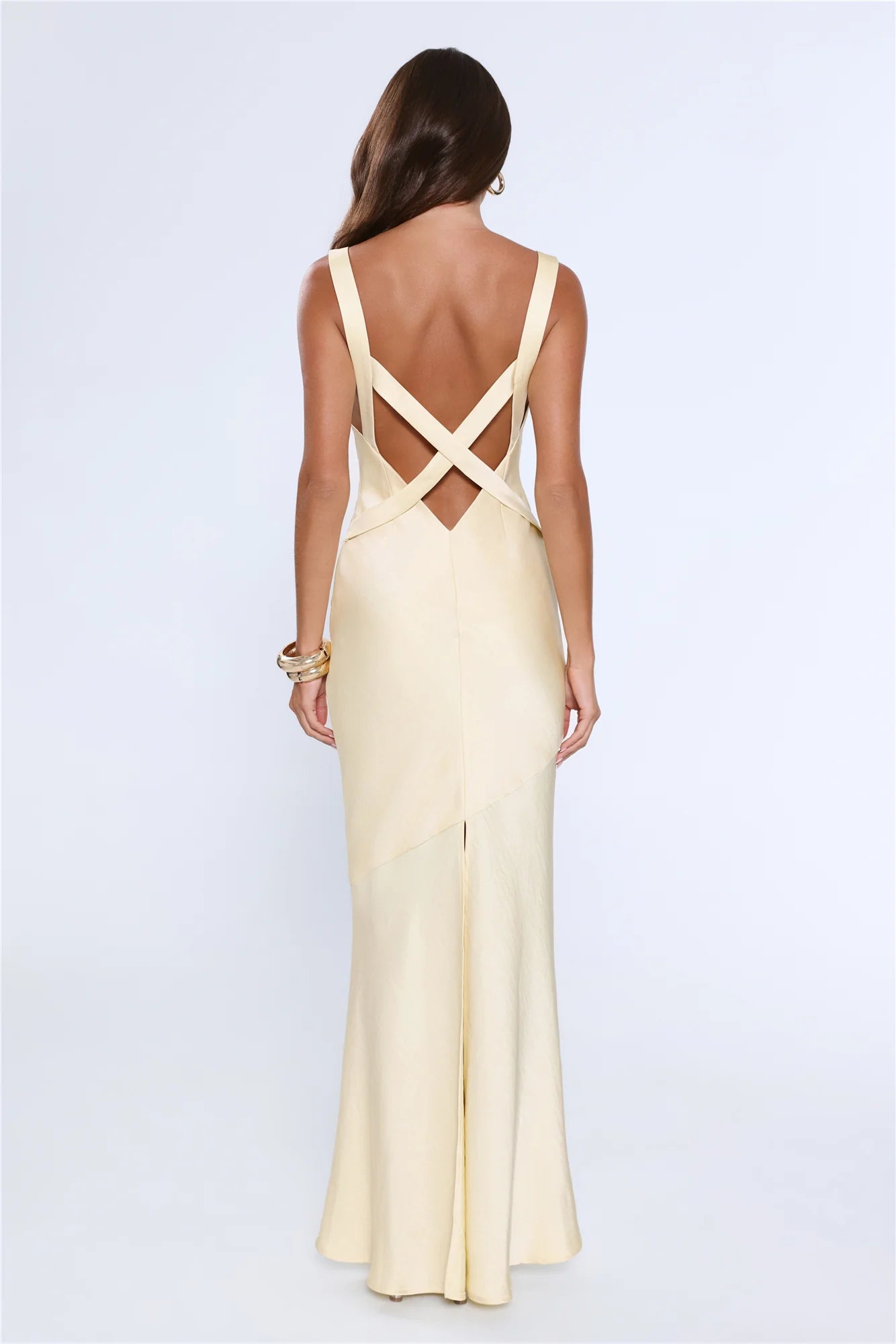 Pale Yellow V-Neck Satin with Crisscross Back Evening Dress