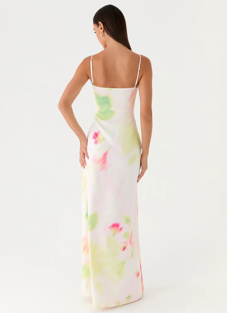 Pastel Floral Satin Spaghetti Strap Ruched Maxi Evening Dresses