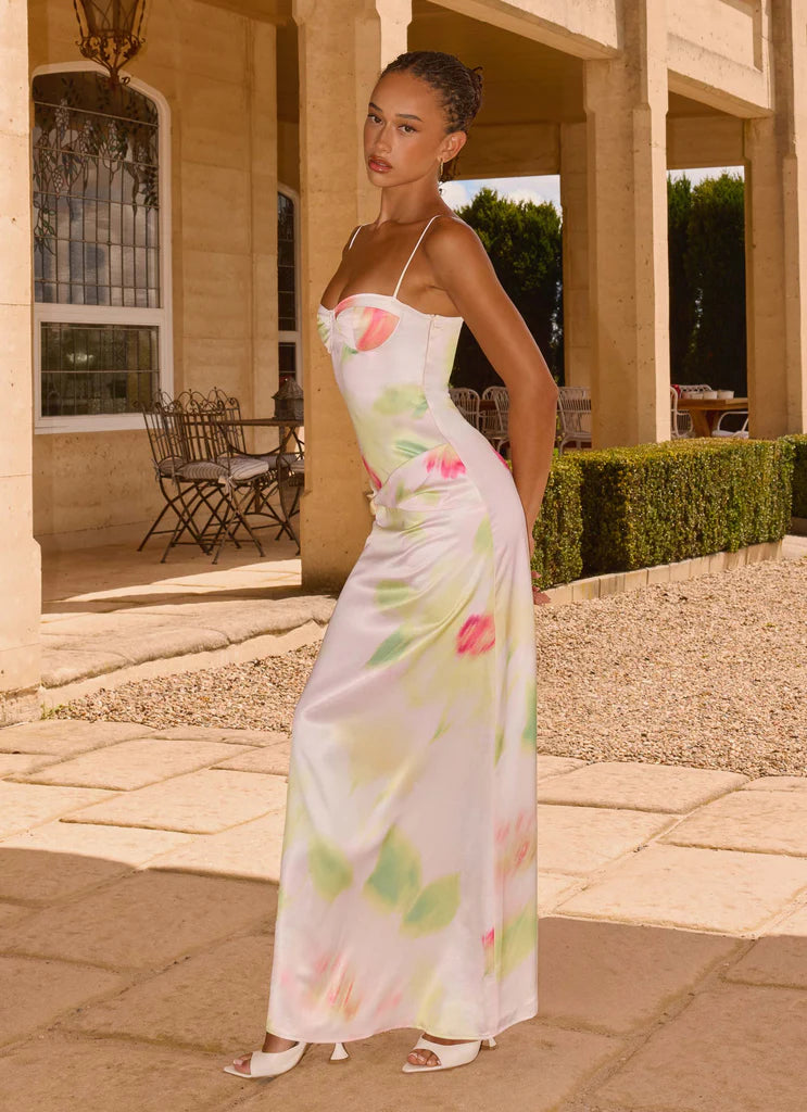 Pastel Floral Satin Spaghetti Strap Ruched Maxi Evening Dresses
