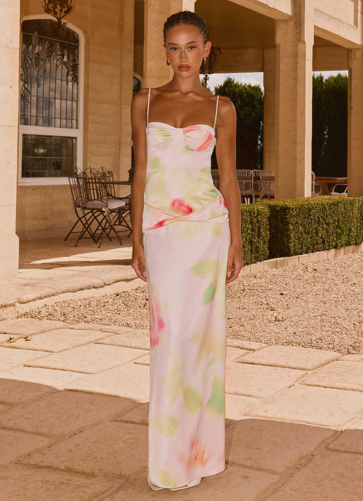 Pastel Floral Satin Spaghetti Strap Ruched Maxi Evening Dresses