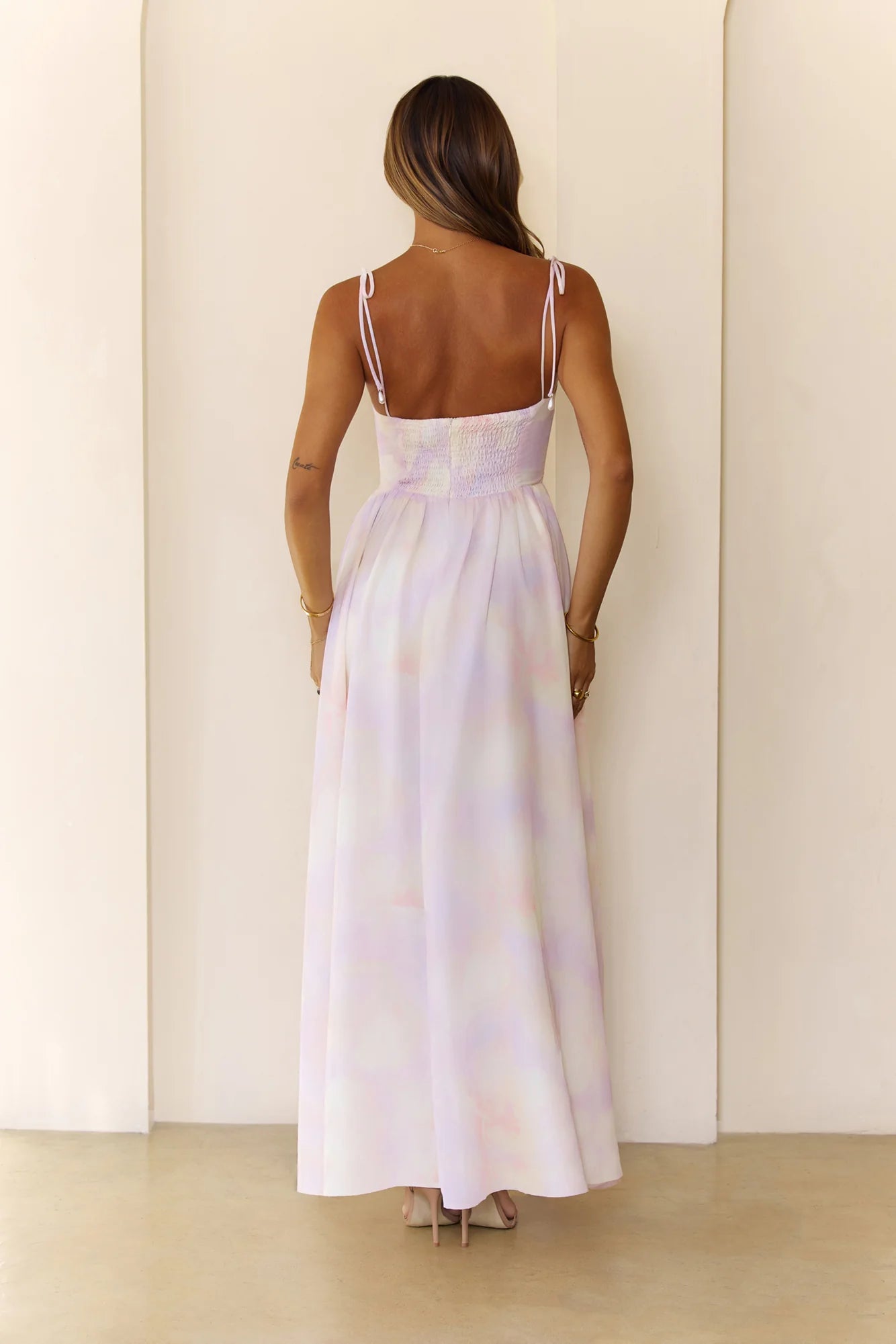 Pastel Tie-Dye Spaghetti Strap Smocked Back Maxi Evening Dresses