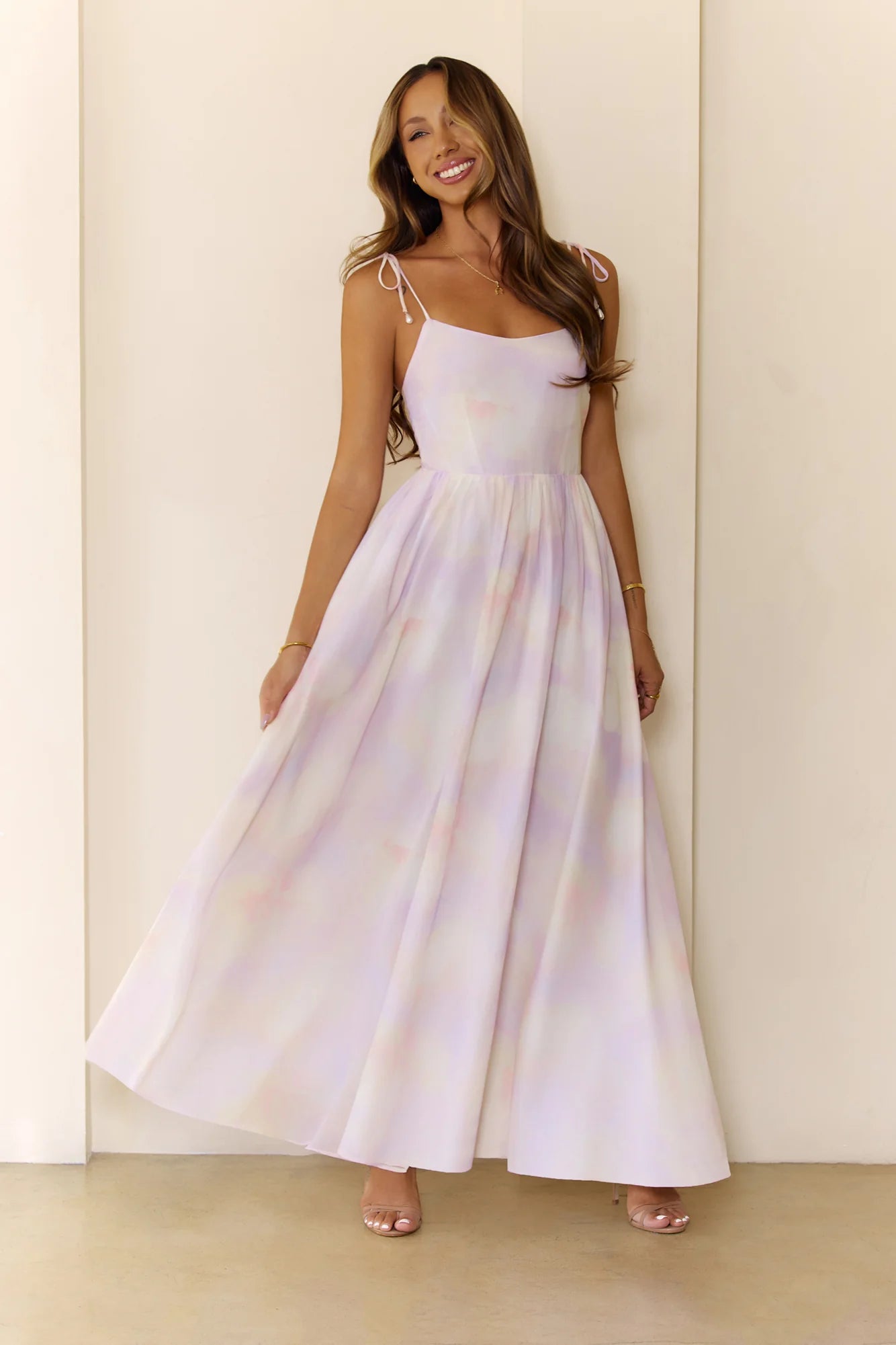 Pastel Tie-Dye Spaghetti Strap Smocked Back Maxi Evening Dresses