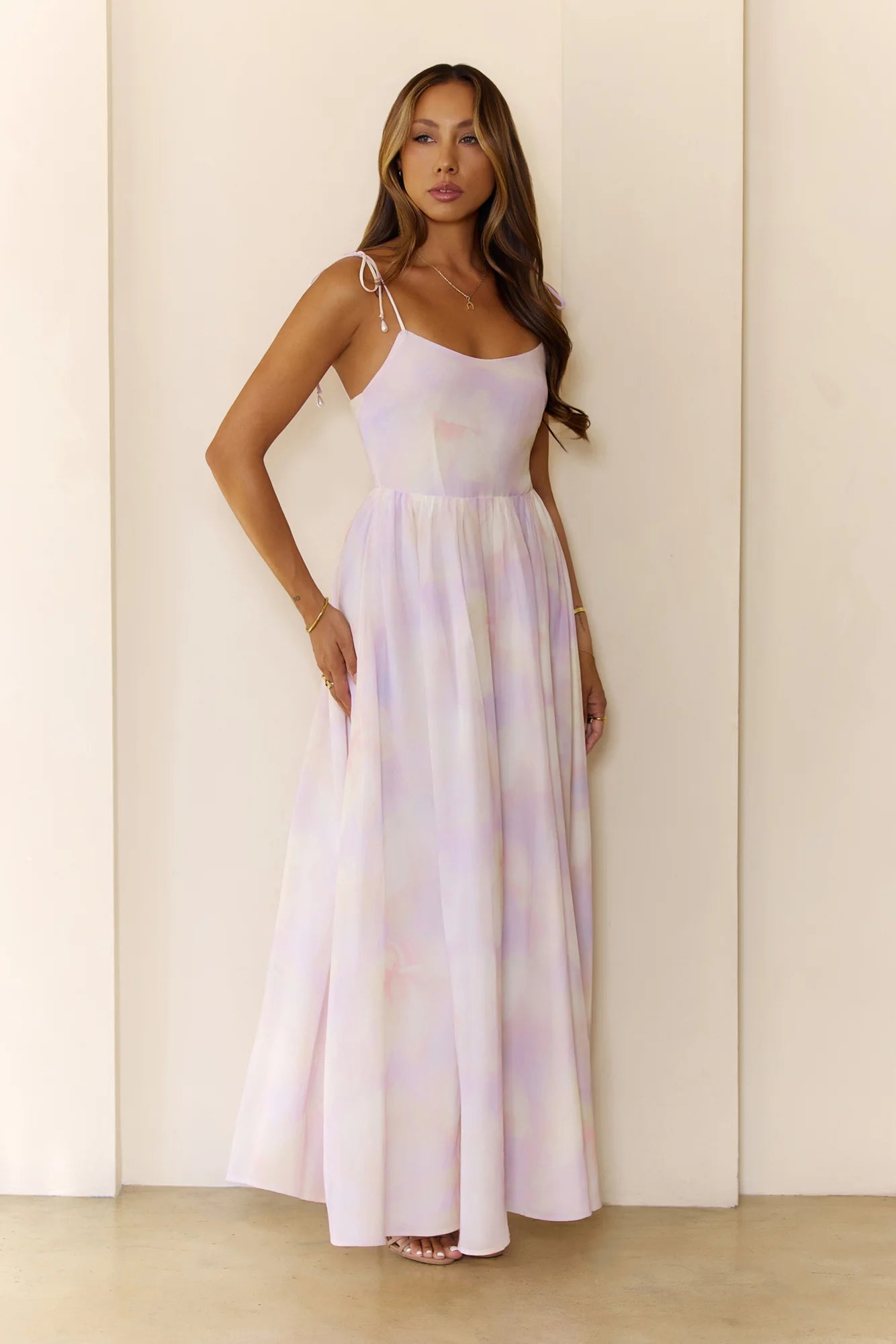 Pastel Tie-Dye Spaghetti Strap Smocked Back Maxi Evening Dresses
