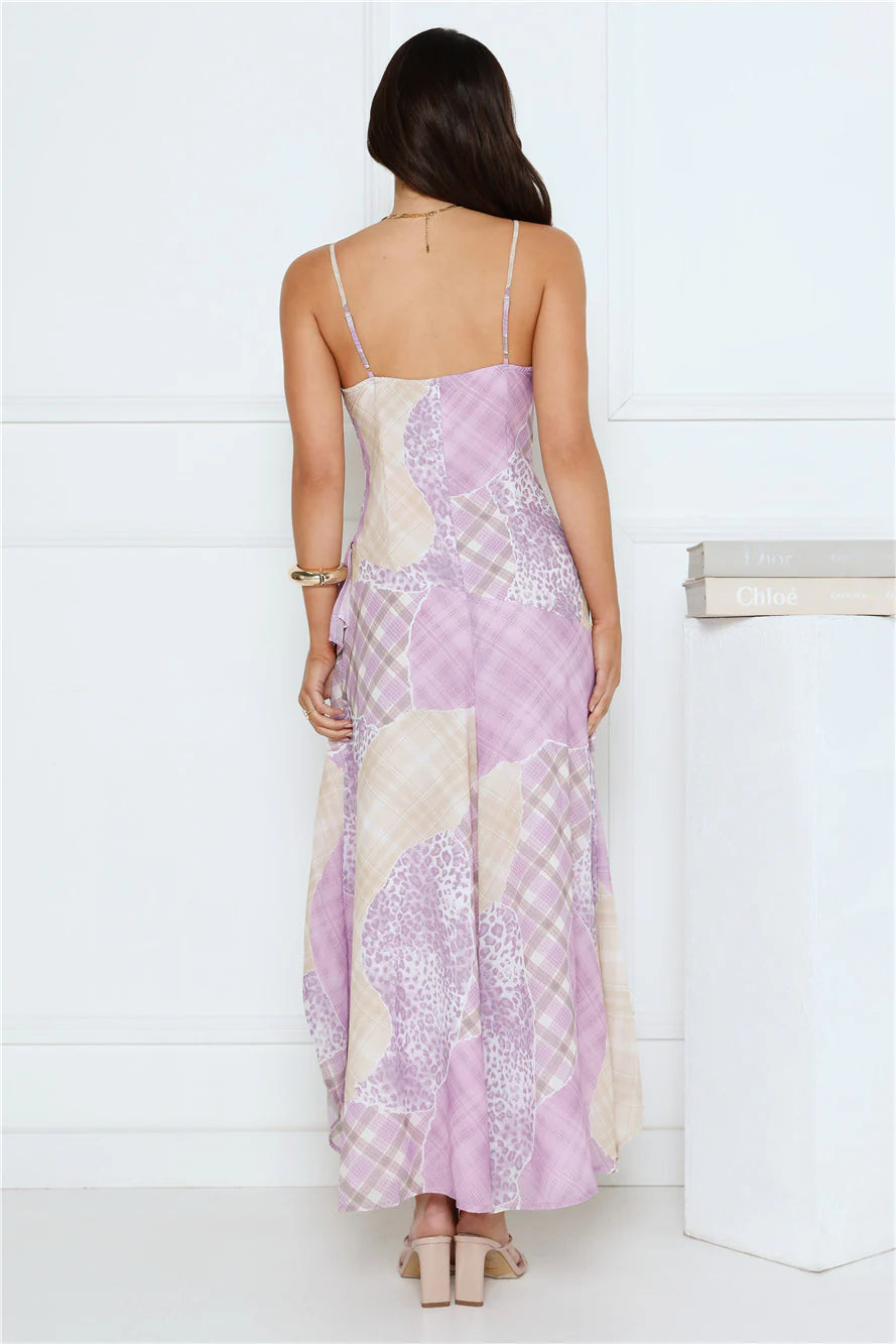 Patchwork Print High-Low Maxi Evening Dresses with High Slit