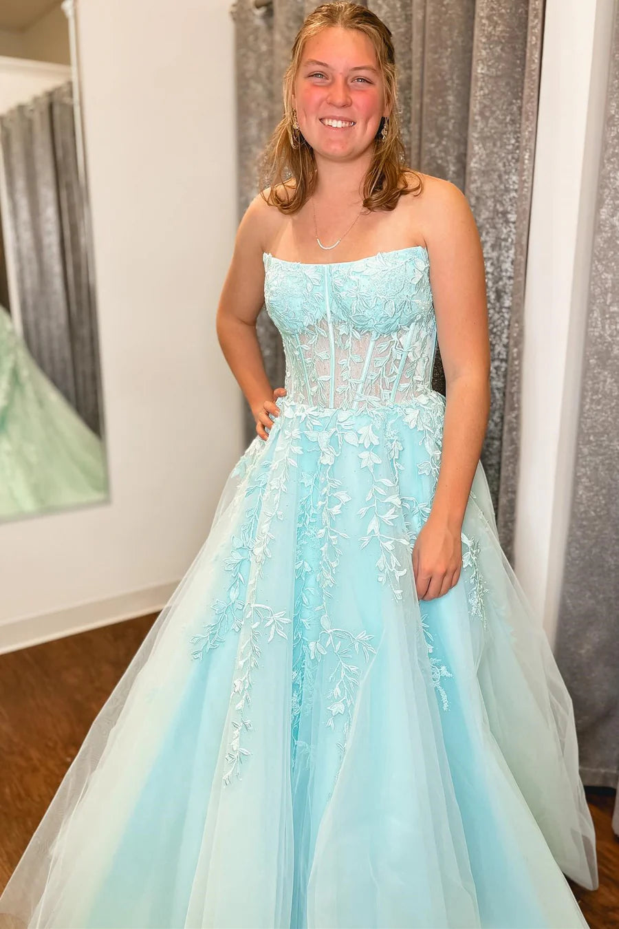 Patchwork strapless A-line long ball dress