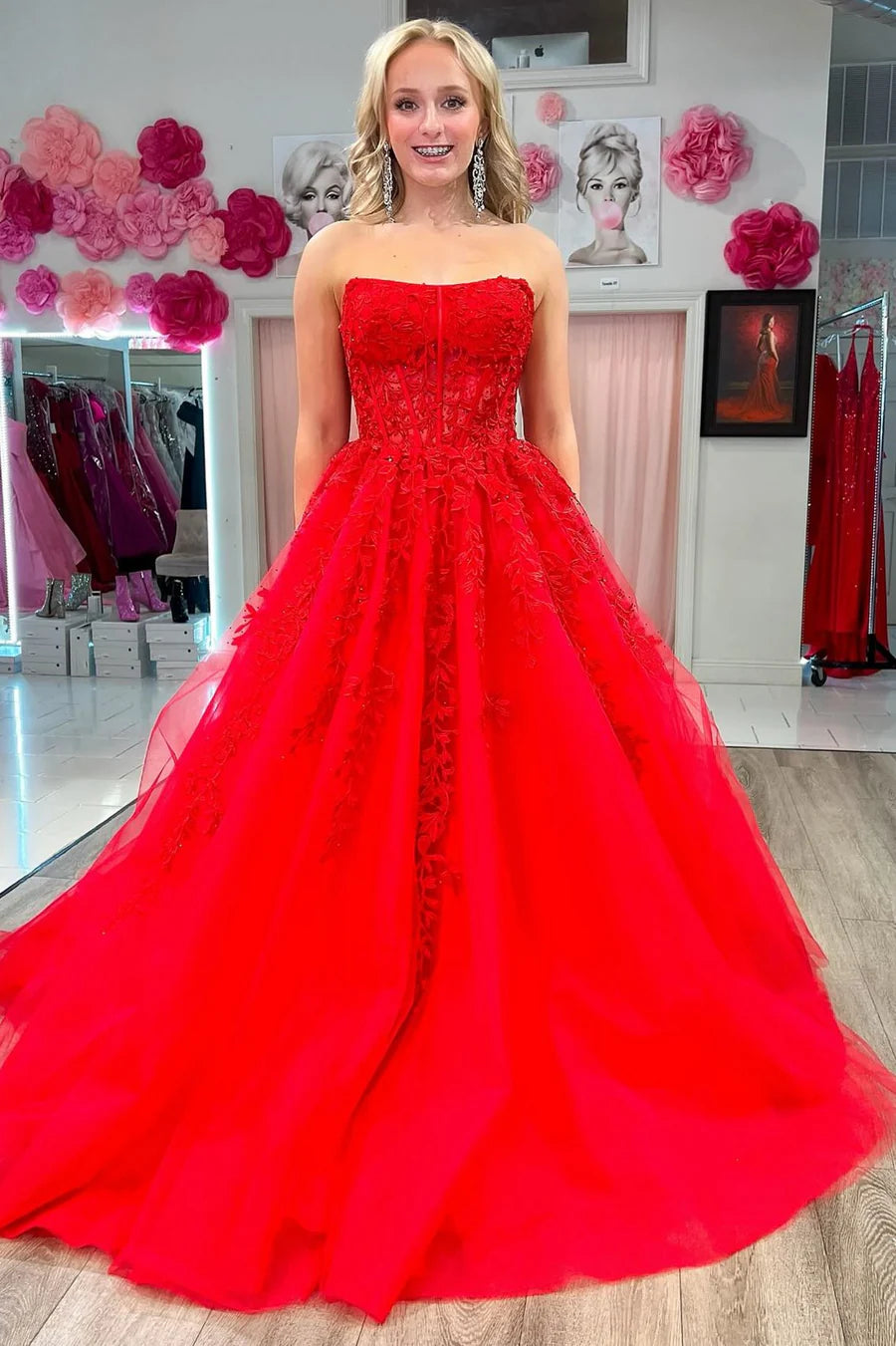 Patchwork strapless A-line long ball dress