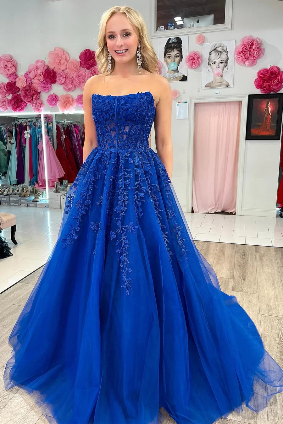 Patchwork strapless A-line long ball dress
