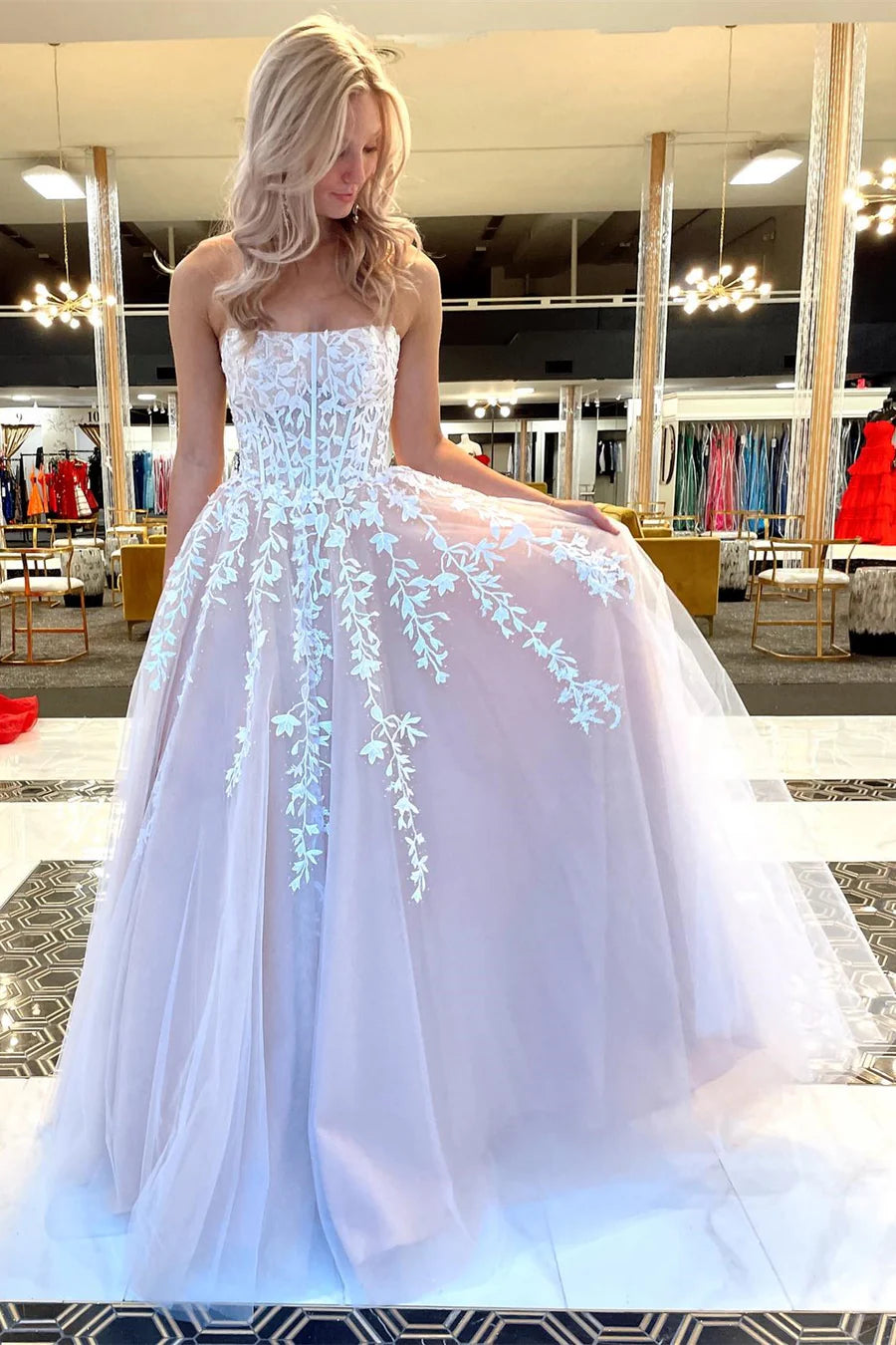 Patchwork strapless A-line long ball dress