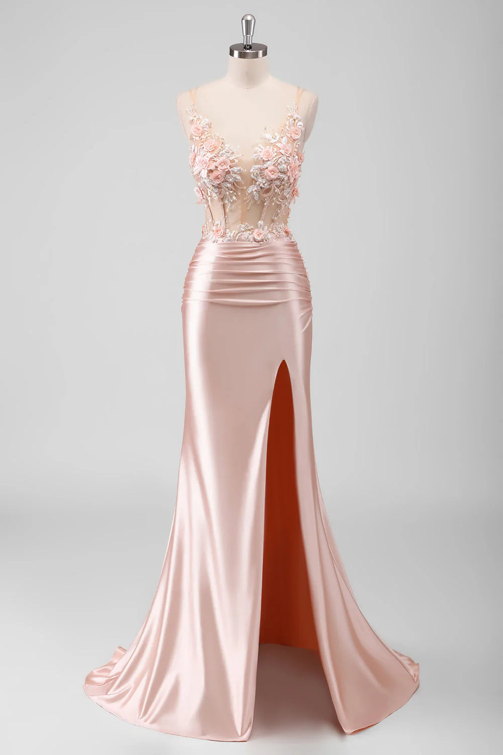 Peach Floral Mermaid 3D Flowers Corset Long Beaded Prom Dress with Slit