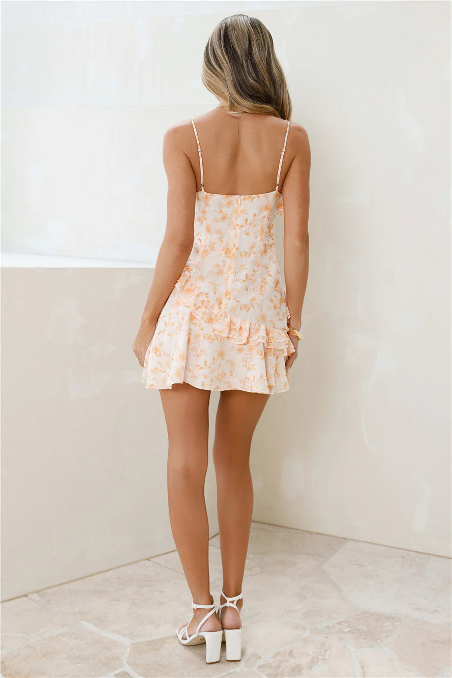 Peach Floral Ruffled Chiffon Homecoming Dresses