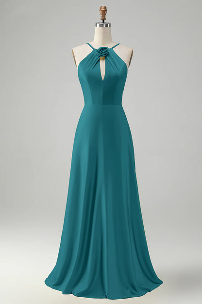 A-line hanging neck backless pleated long bridesmaid floral dress