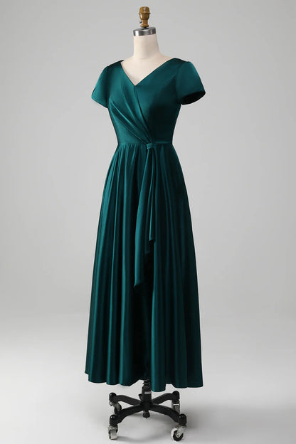 Peacock A-Line Tea-Length Satin Mother of the Bride Dress With Cascading Ruffles